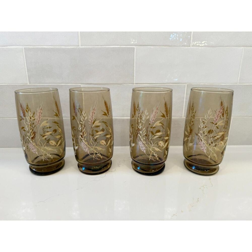 Vintage Anchor Hocking Triguba Tawny Drinking Glass Wheat‎ Design Set 4 Tumbler